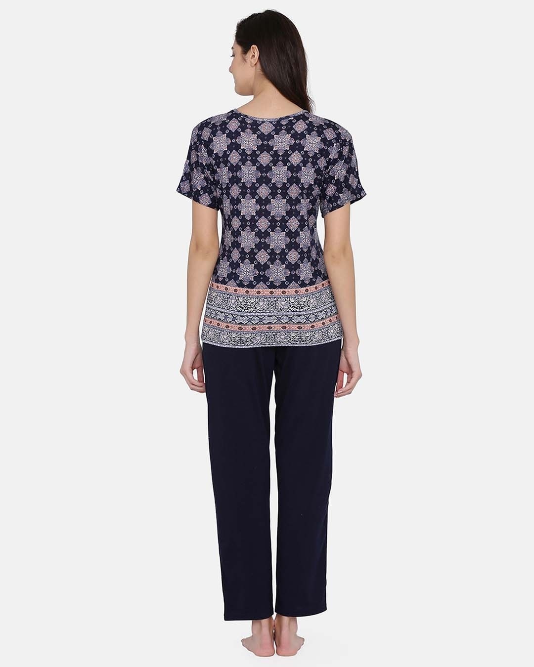 Shop Print Me Pretty Top & Pyjama Set In Navy Blue   Cotton Rich-Design