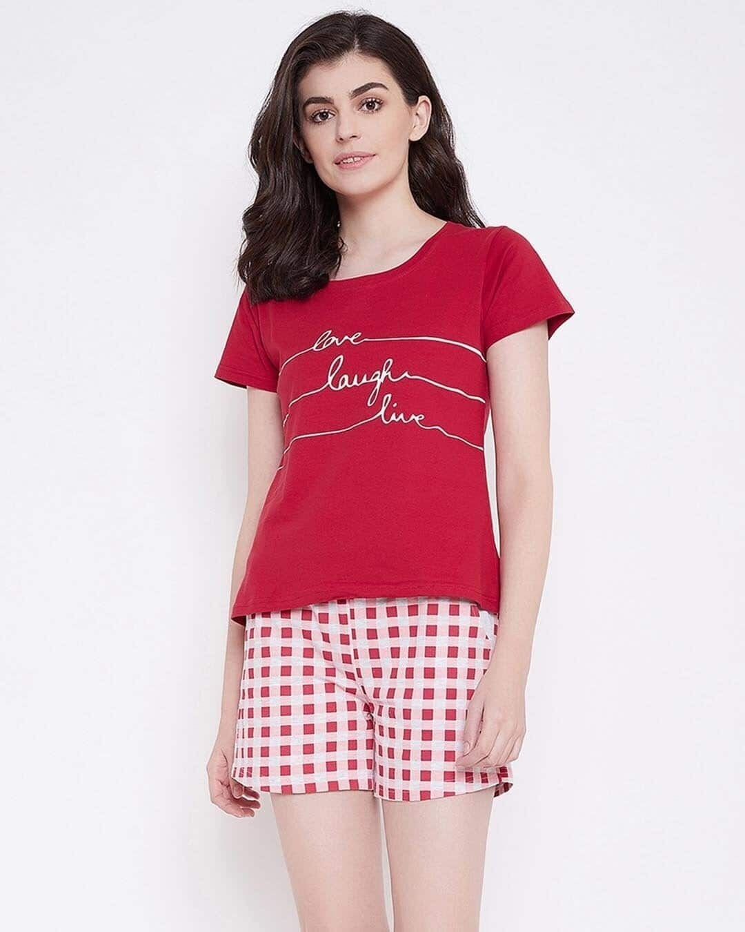 Shop Quirky Text Top & Checkered Shorts Set In Red & White-Front