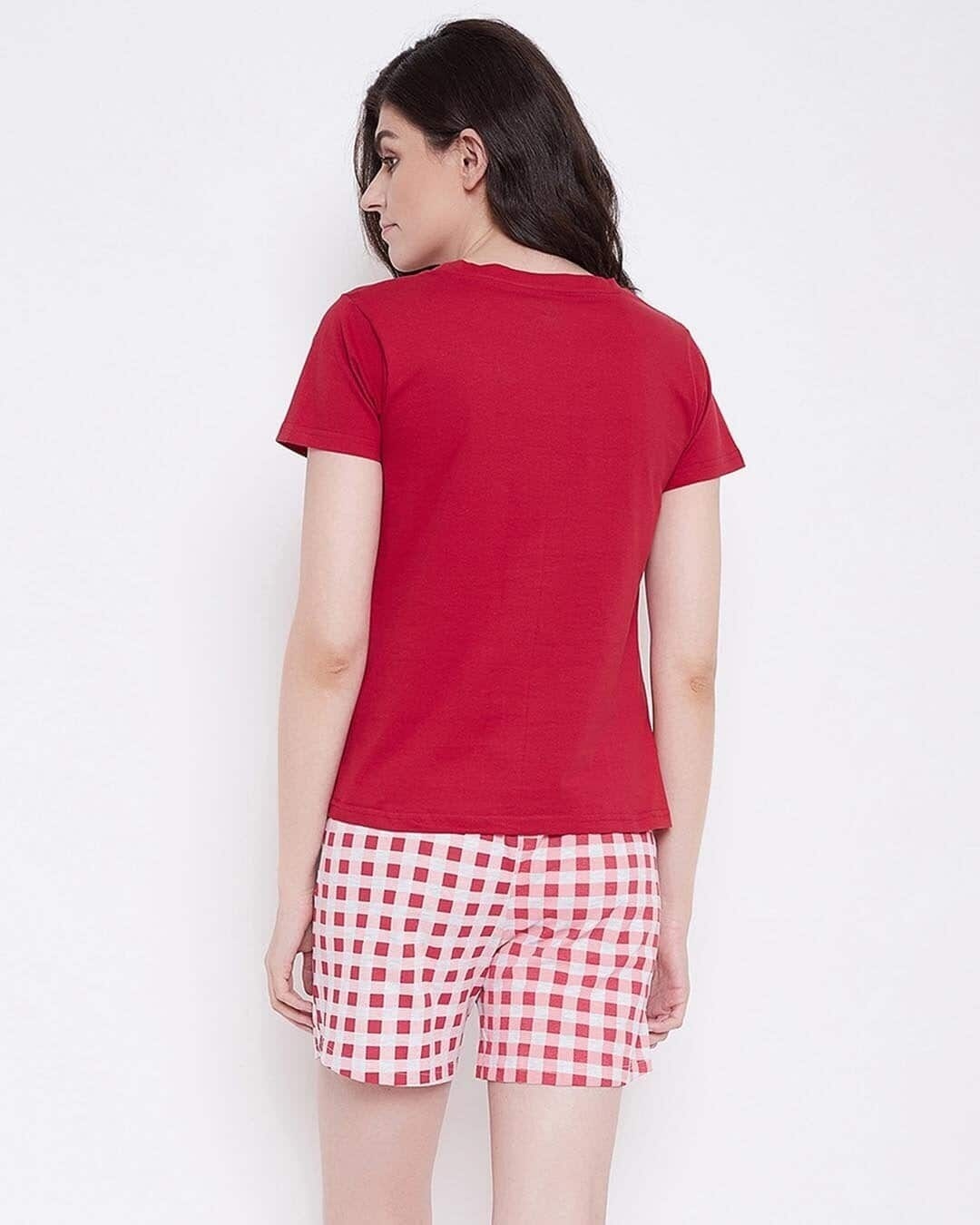 Shop Quirky Text Top & Checkered Shorts Set In Red & White-Back