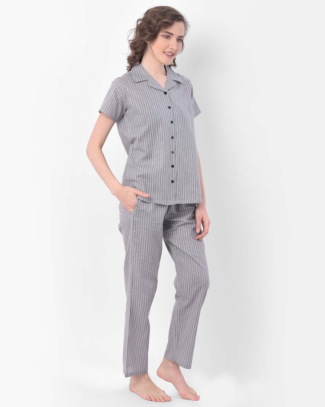 Shop Sassy Stripes Button Me Up Shirt & Pyjama In Grey  Crepe-Full