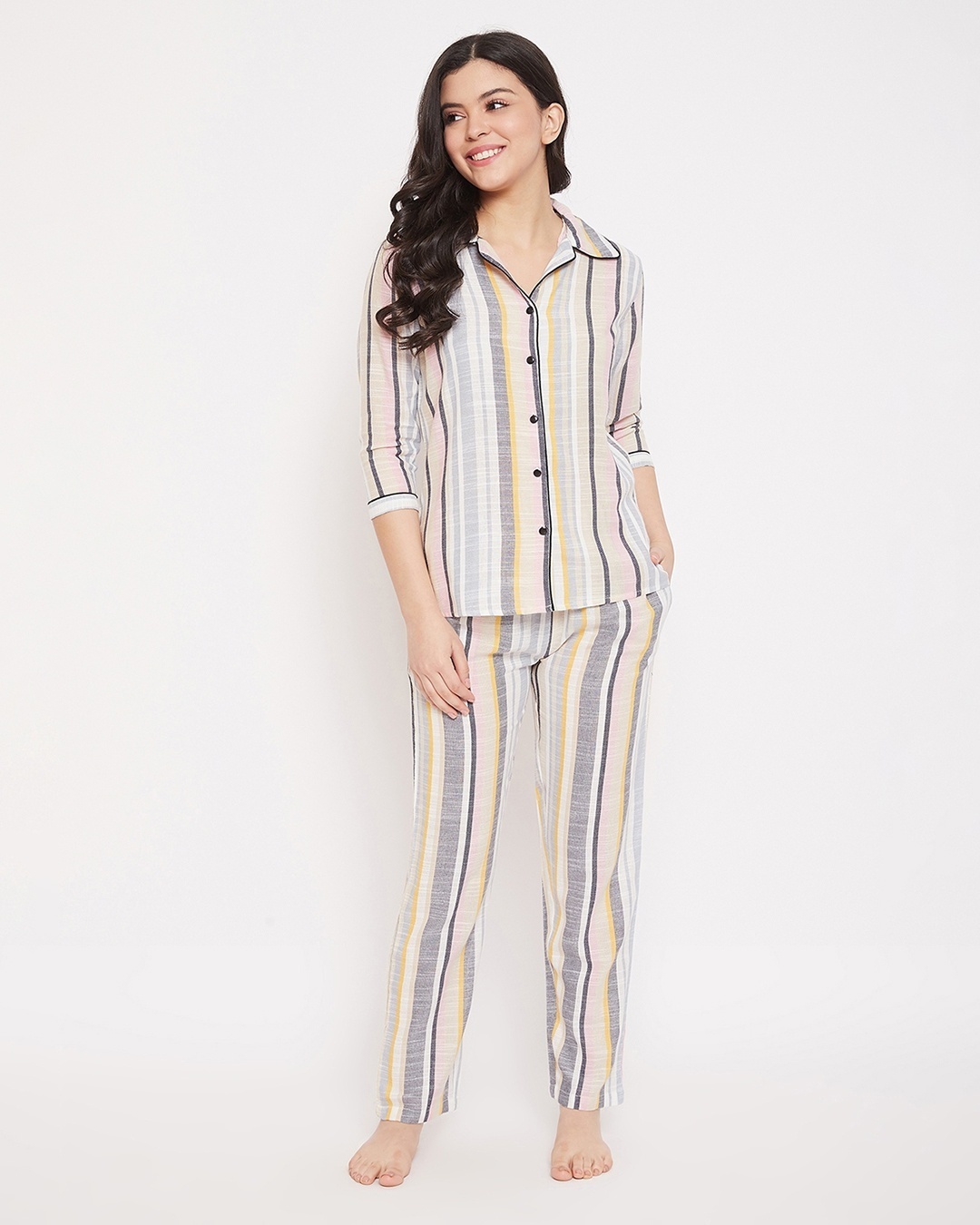 Shop Sassy Stripes Button Me Up Shirt & Pyjama Set In Multicolour   Cotton Rich-Front