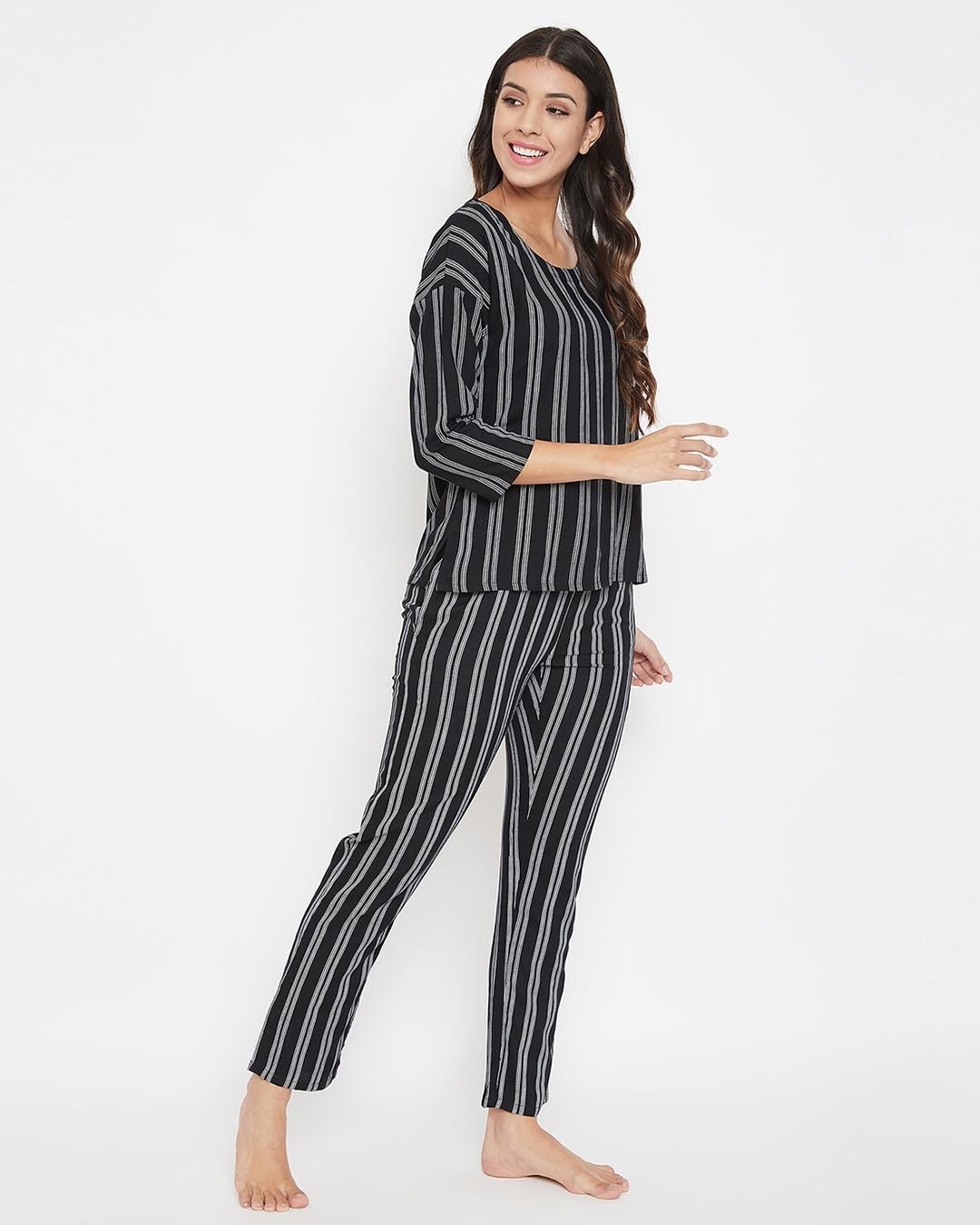 Shop Sassy Stripes Top & Pyjama In Black   Rayon-Back