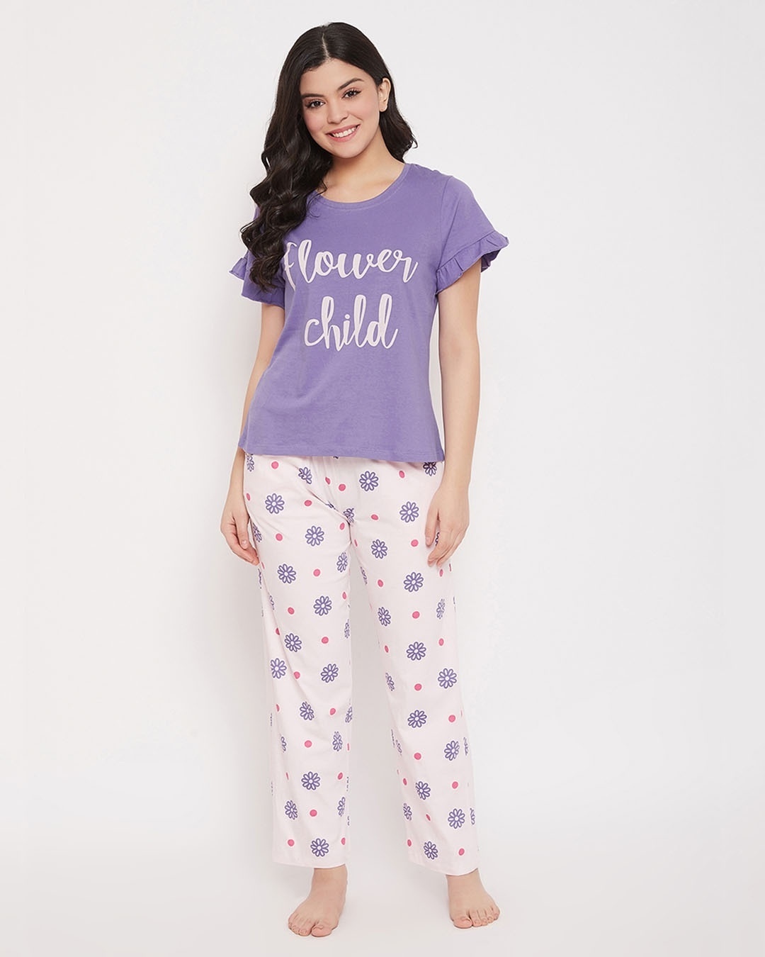 Shop Text Print Top & Pretty Florals Pyjama In Purple & Baby Pink-Front