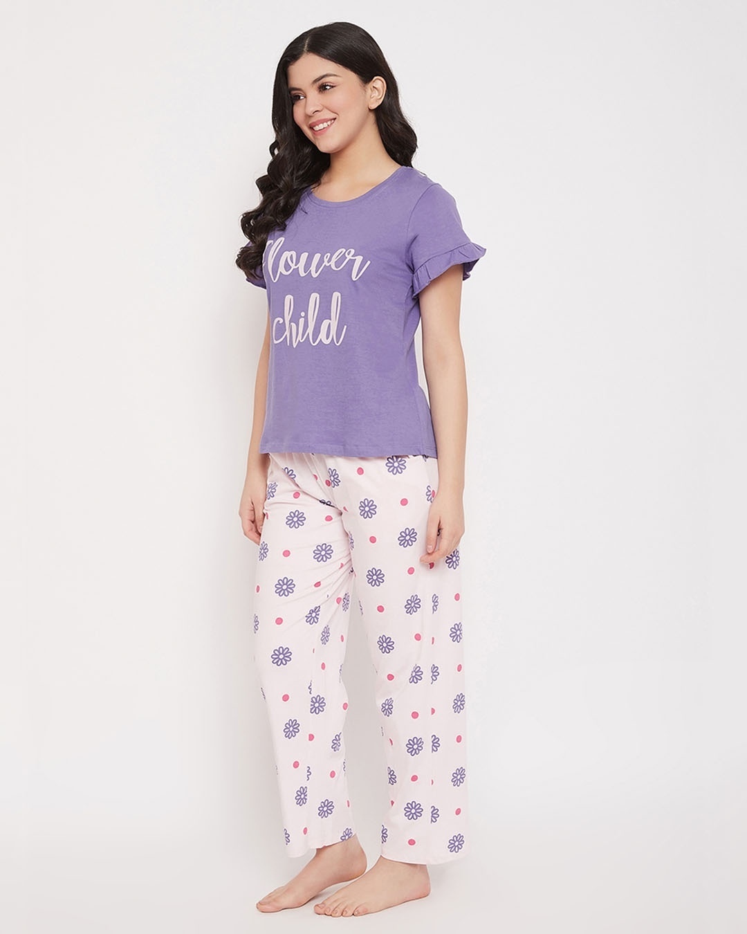 Shop Text Print Top & Pretty Florals Pyjama In Purple & Baby Pink-Back