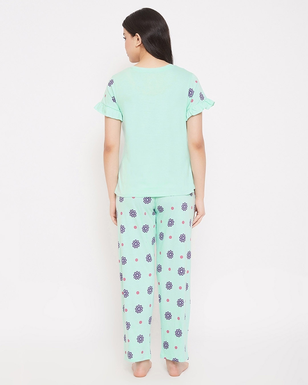 Shop Text Print Top & Pretty Florals Pyjama In Sea Green   100% Cotton-Design