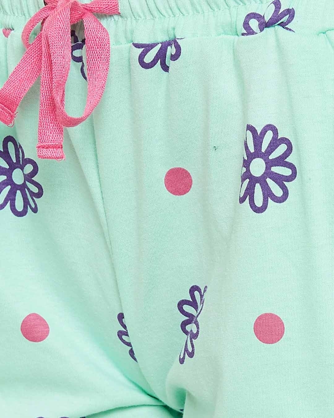 Shop Text Print Top & Pretty Florals Pyjama In Sea Green   100% Cotton