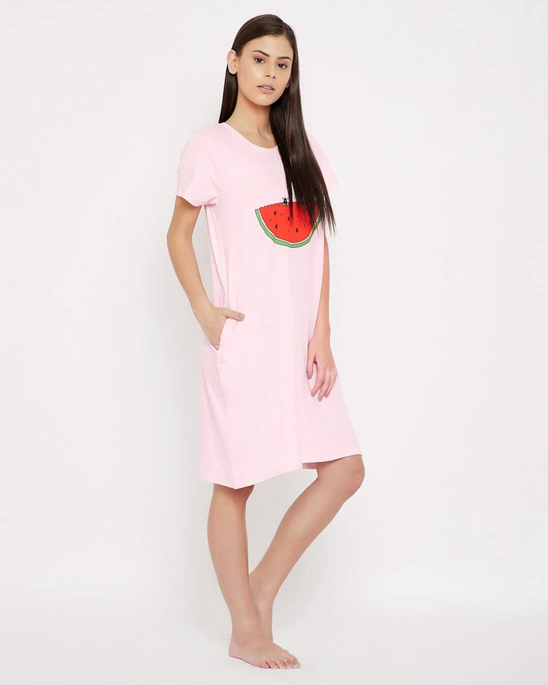 Shop Watermelon Print Short Night Dress In Baby Pink   100% Cotton