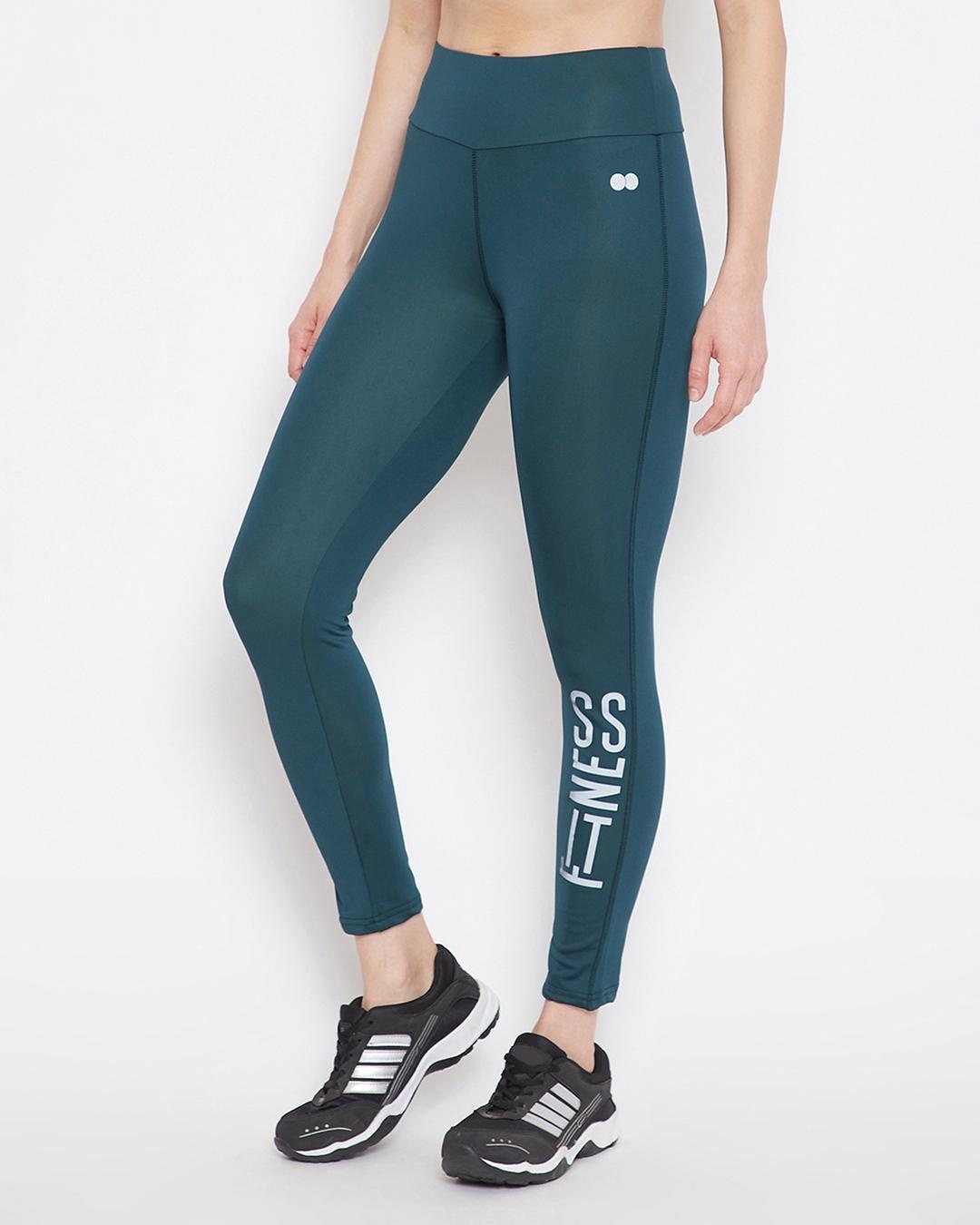 Shop Women's Green Fitness Typography Slim Fit Tights-Back