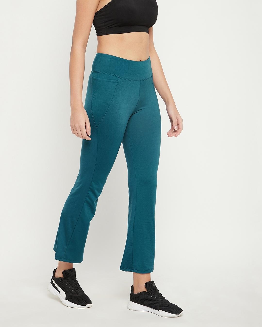 Shop Women's Green Flared Slim Fit Yoga Pants-Design