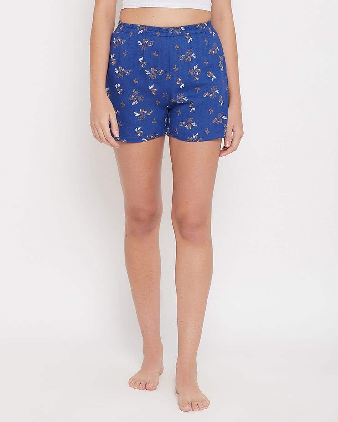 Shop Women's Leaf Print Boxer Shorts In Royal Blue   Rayon-Front