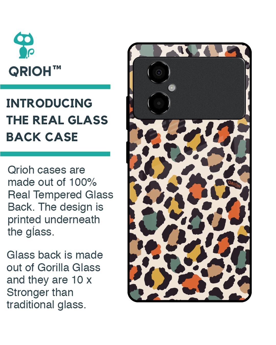 Shop Colorful Leopard Printed Premium Glass Case for Poco M4 5G (Shock Proof,Scratch Resistant)-Back