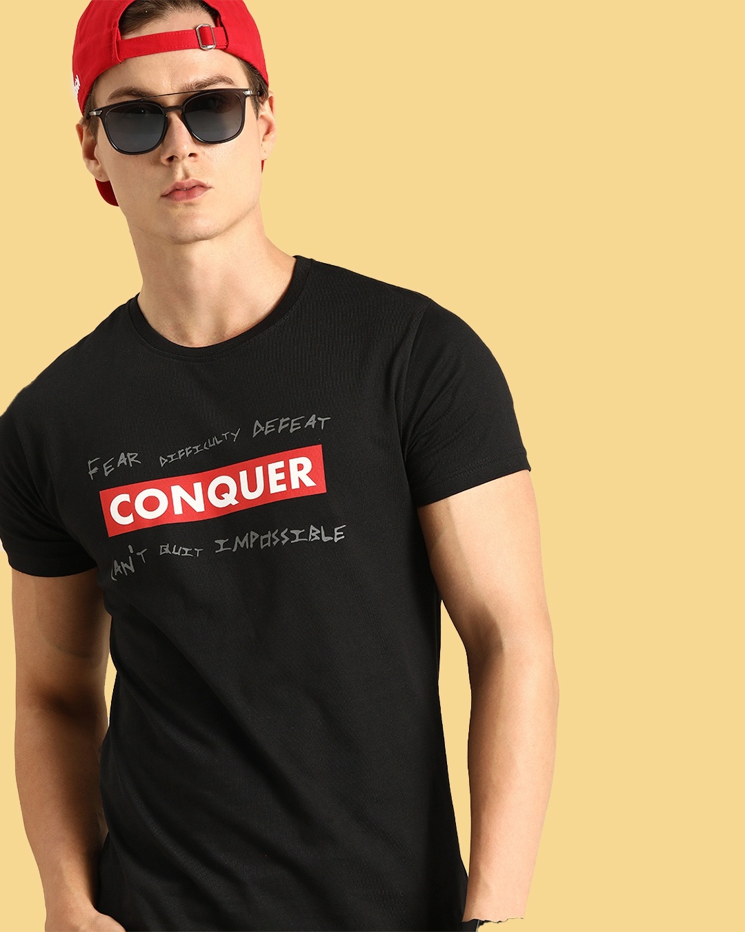 Shop Conquer Strip Half Sleeve T-Shirt Black-Front