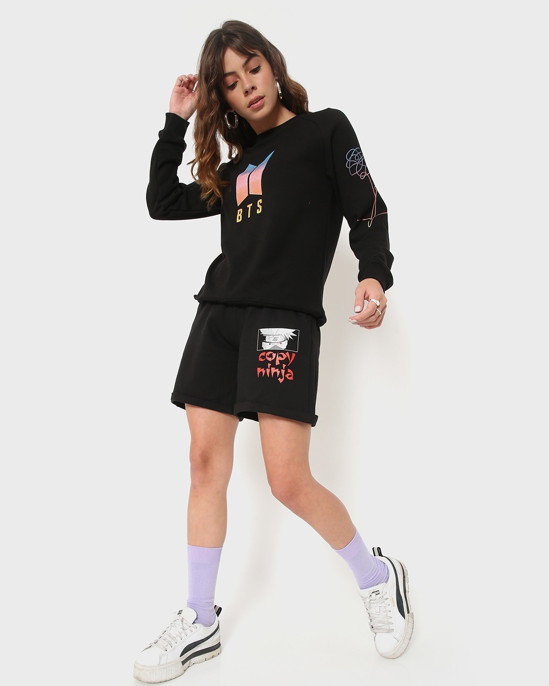 Shop Women's Black Copy Ninja Printed Rolled Up Shorts-Full