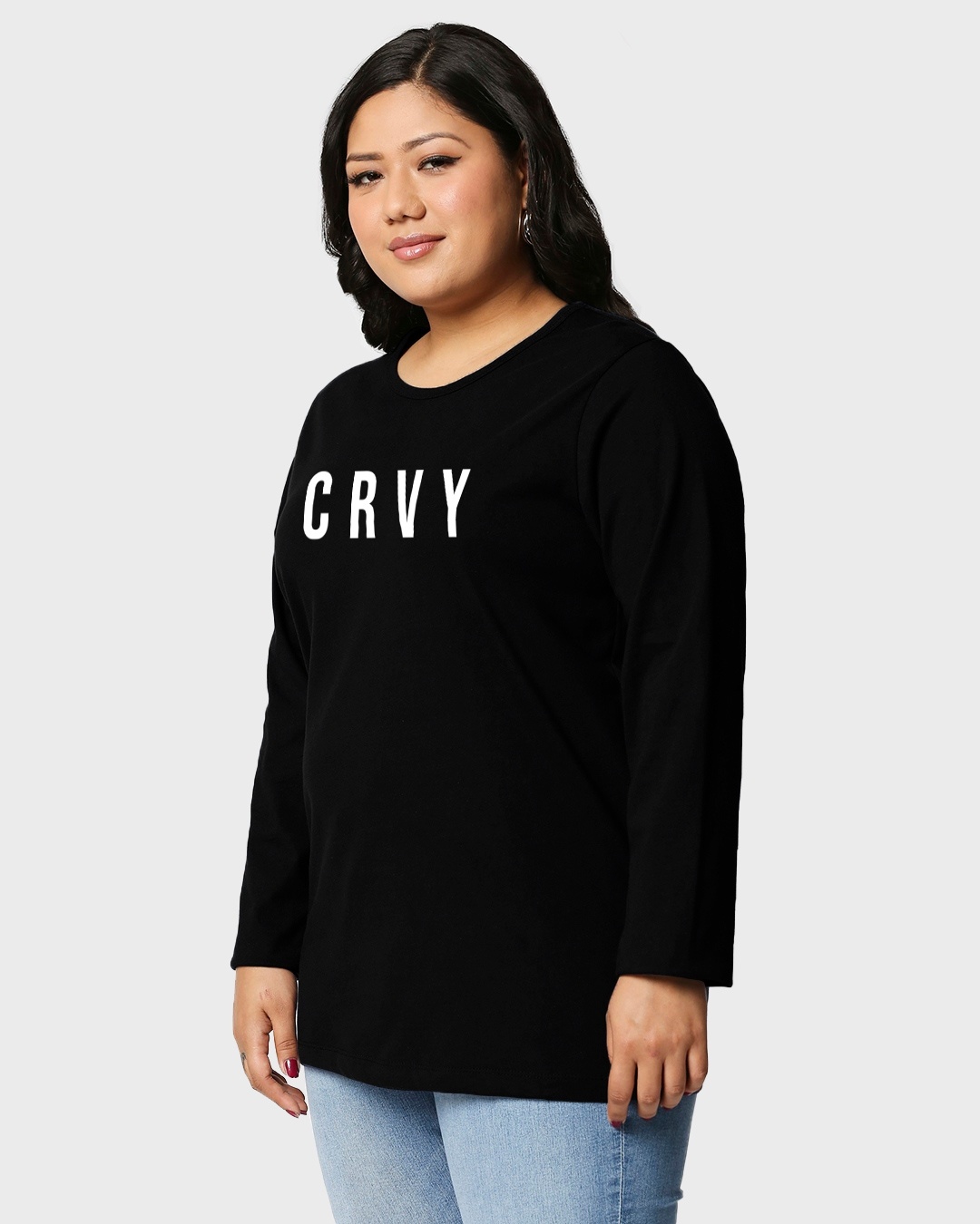 Shop Crvy Full Sleeves Printed T-Shirt Plus Size-Back