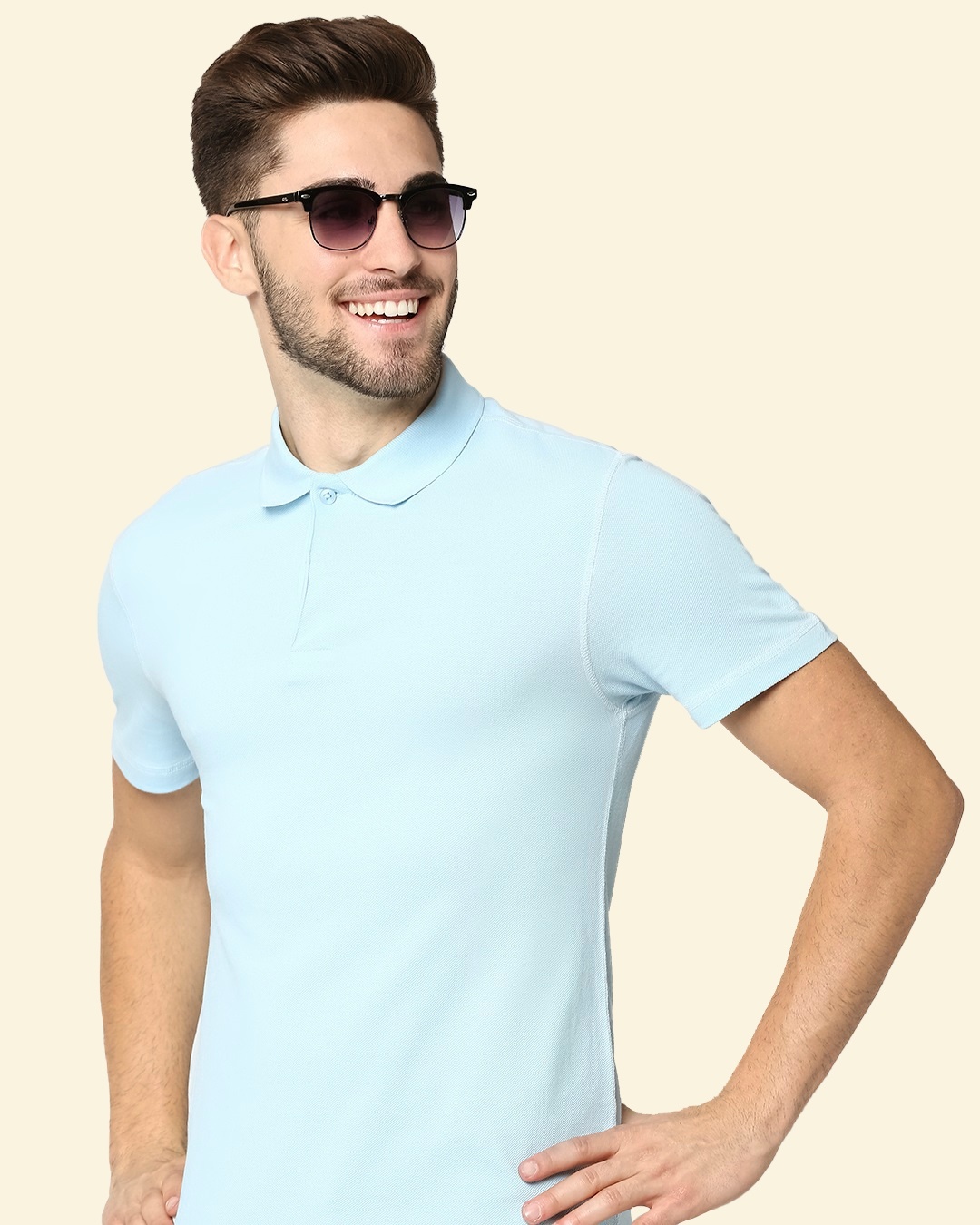 Shop Crystal Blue Half Sleeve Contrast Polo-Front