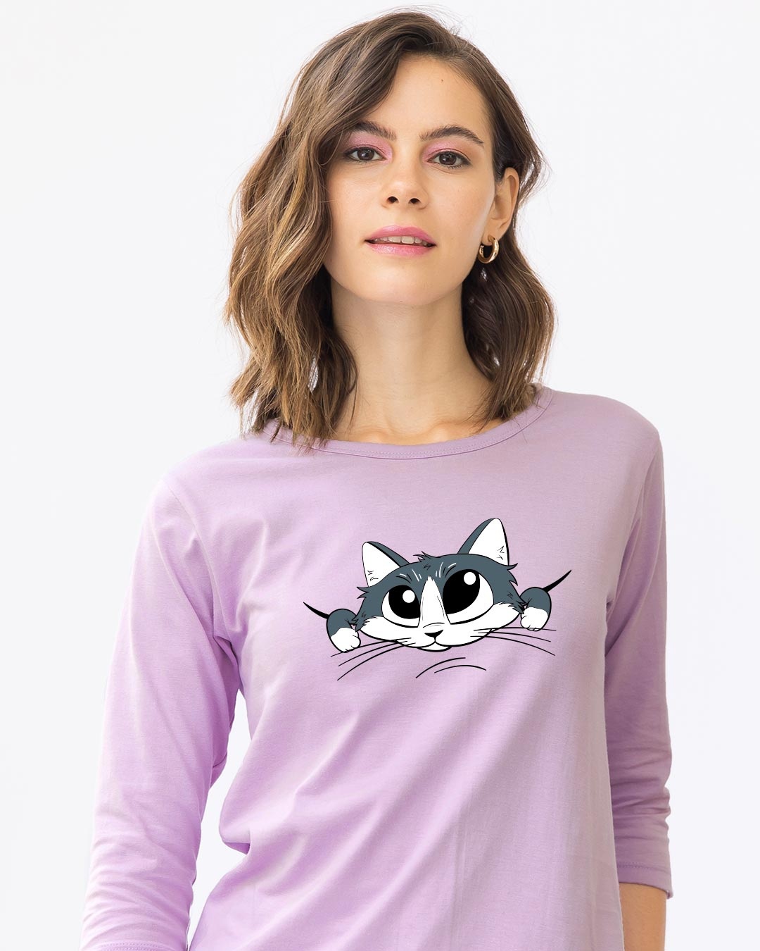 Shop Cute Peeking Cat Round Neck 3/4th Sleeve T-Shirt-Front