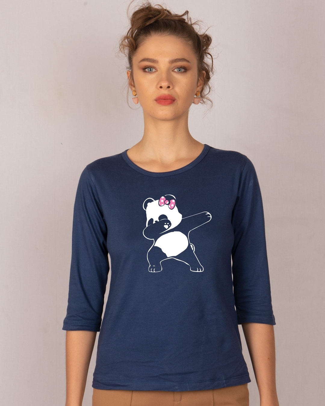 Shop Dabbing Panda Bow Round Neck 3/4th Sleeve T-Shirt-Front