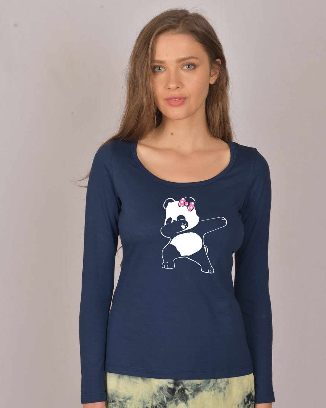 Shop Dabbing Panda Bow Scoop Neck Full Sleeve T-Shirt-Front