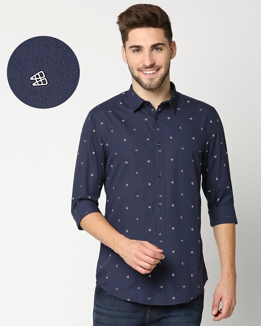 Shop Dark Blue Poplin Print Shirt-Front