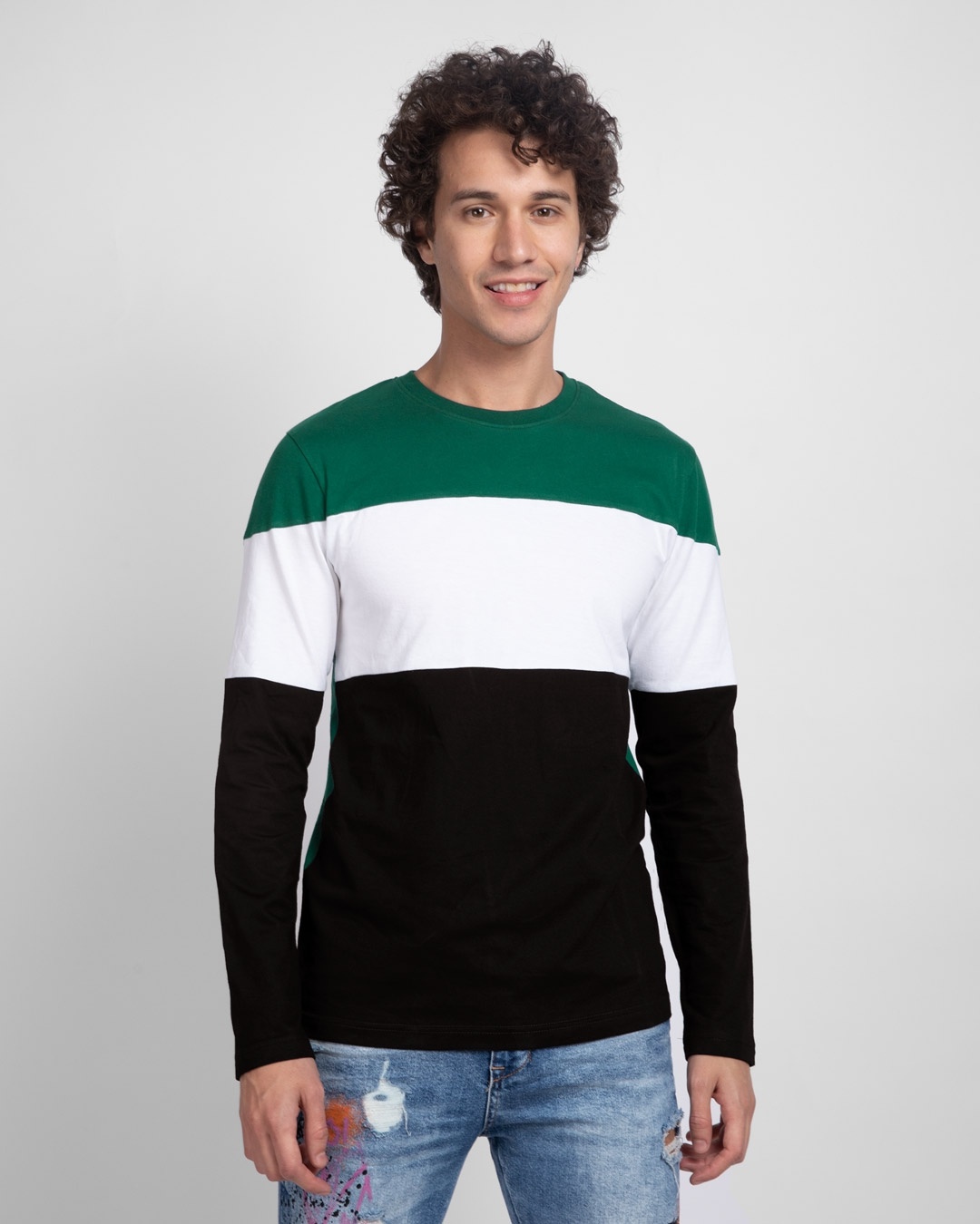Shop Dark Forest Green-White & Black 90's Vibe Panel T-Shirt-Front