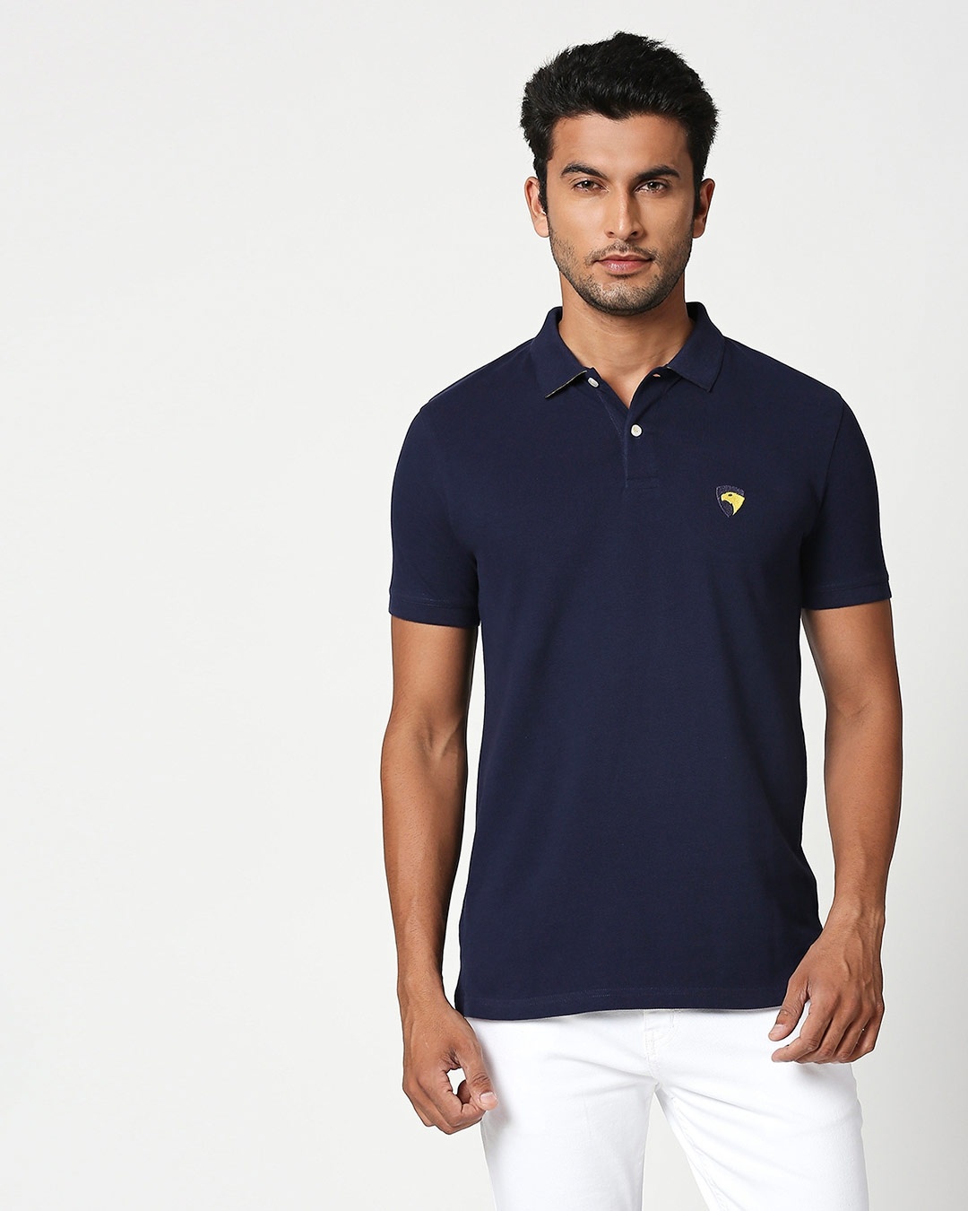 Shop Dark Navy-Cyber Yellow Contrast Collar Pique Polo T-Shirt-Front