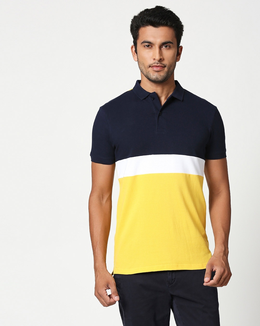 Shop Dark Navy-White-Cyber Yellow Triple Block Polo T-Shirt-Front