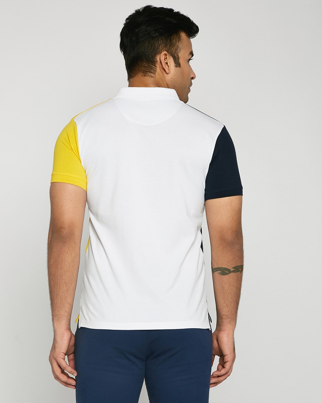 Shop Dark Navy-White-Cyber Yellow Triple Vertical Block Polo T-Shirt-Design