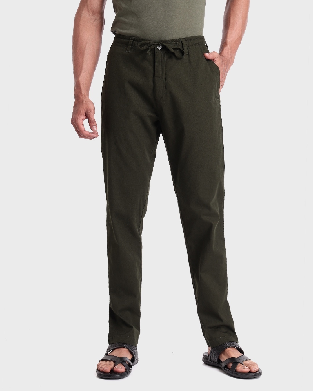 Shop Dark Olive Casual Cotton Trouser-Front