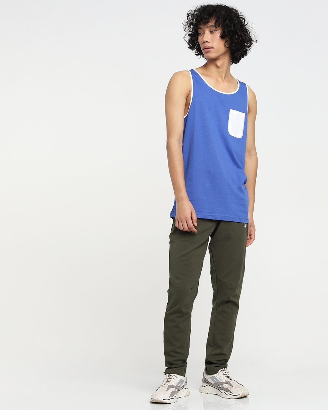 Shop Dazzling Blue-White Round Neck Contrast Binding Pocket Vest-Full