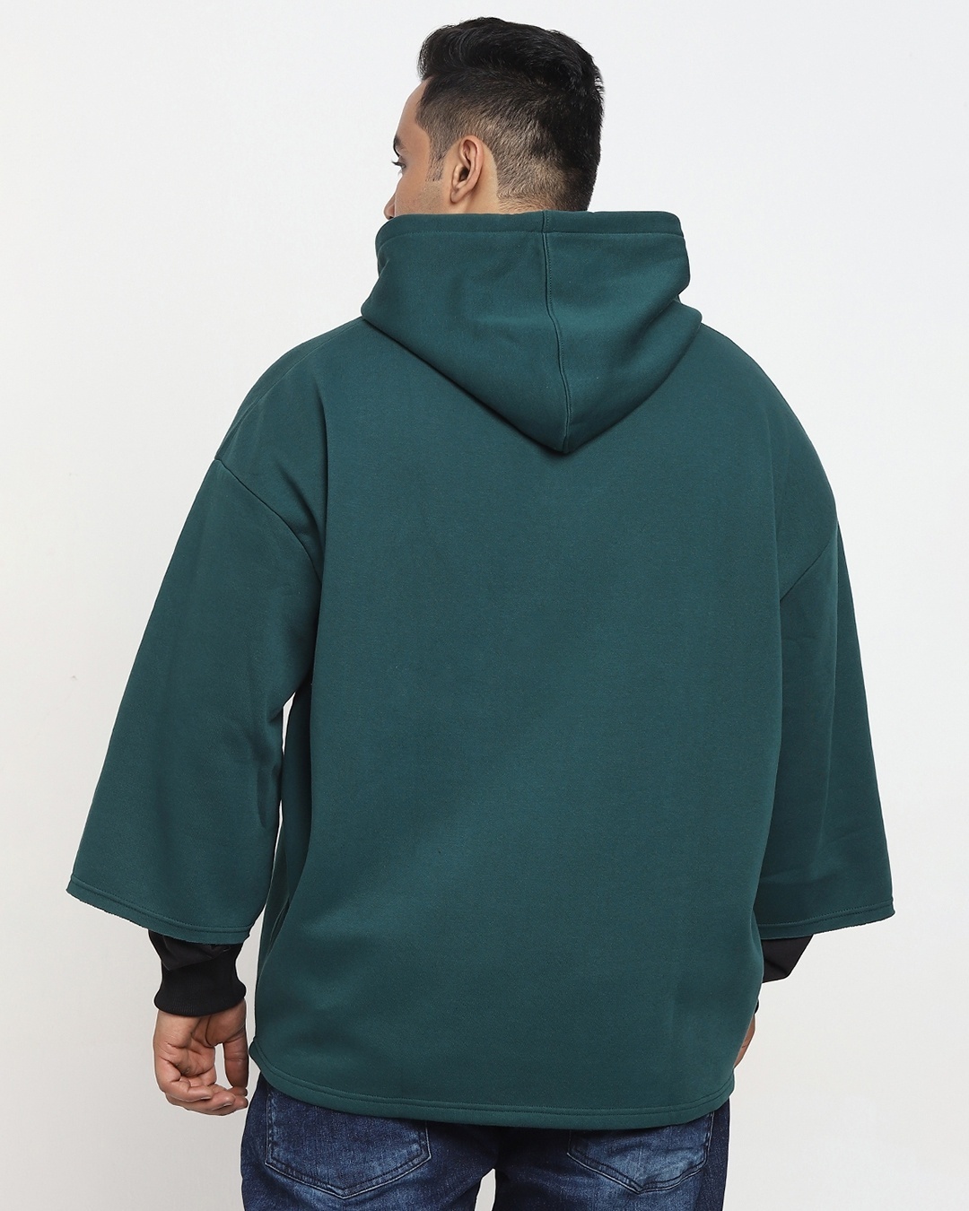 Shop Deep Teal Plus Size Color Block Hoodie Sweatshirt-Design