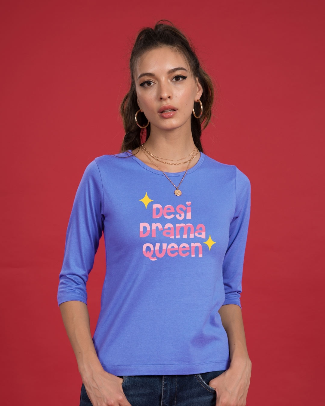 Shop Desi Drama Queen Round Neck 3/4th Sleeve T-Shirt-Front