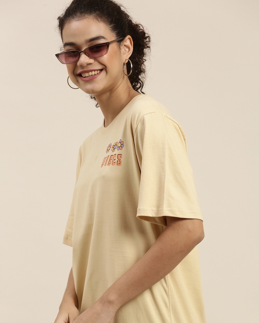 Shop Women's Beige Typographic Oversized Fit T Shirt-Back