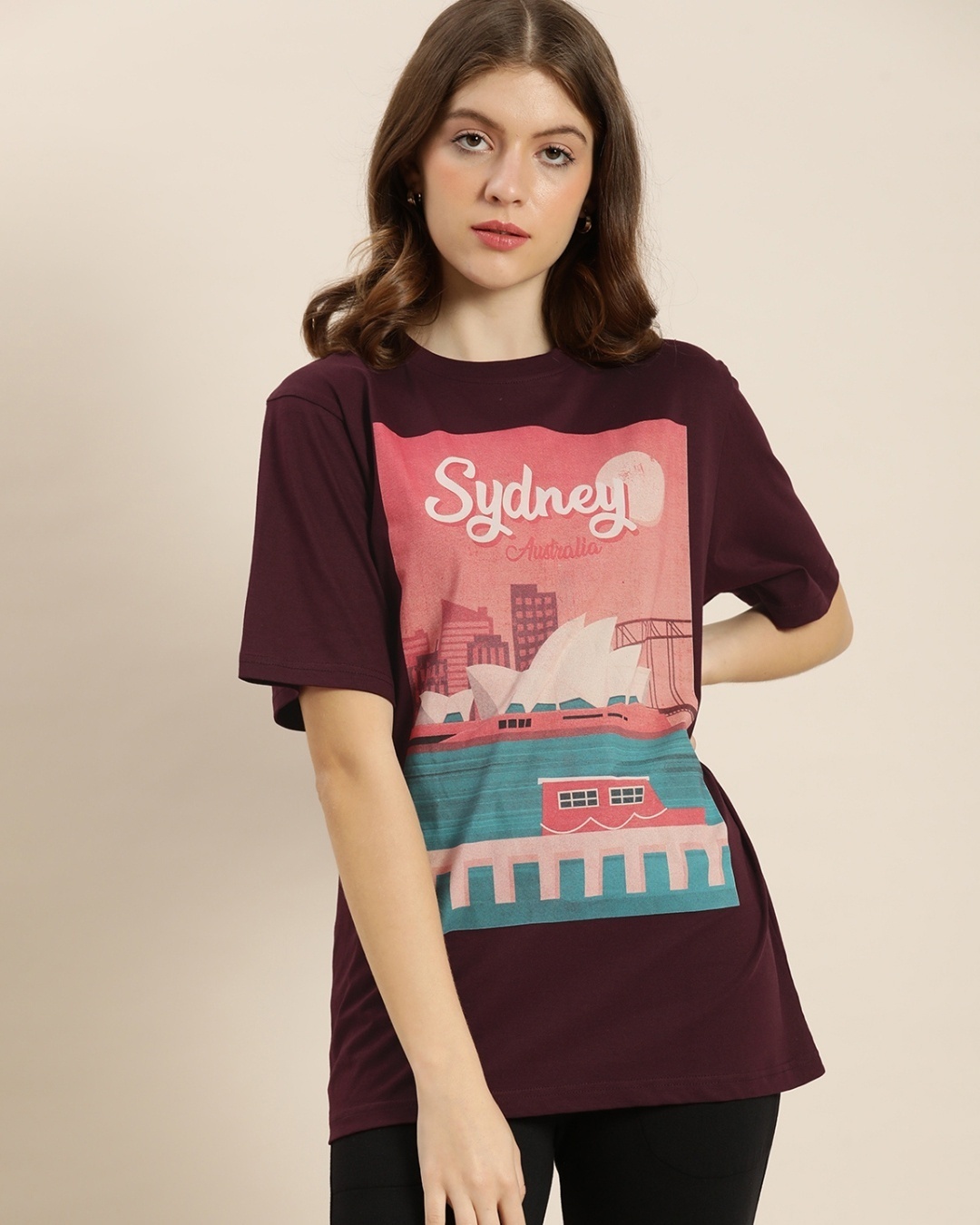 Shop Women's Maroon Graphic Oversized Fit T Shirt-Front