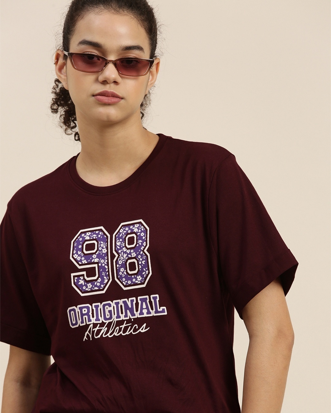 Shop Women's Maroon Typographic Oversized Fit T Shirt-Design