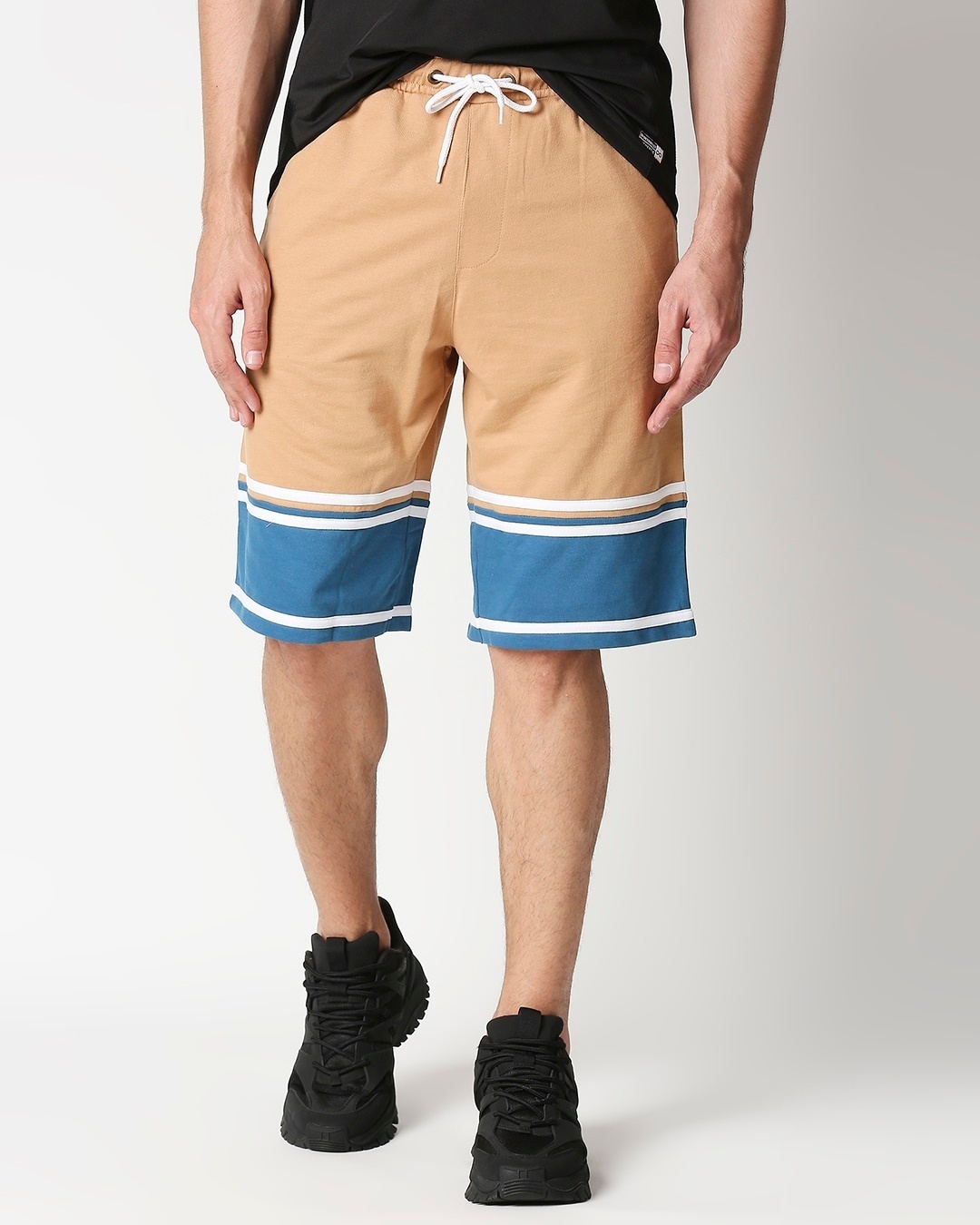 Shop Dusty Beige Men's Terry Color Block Shorts-Front