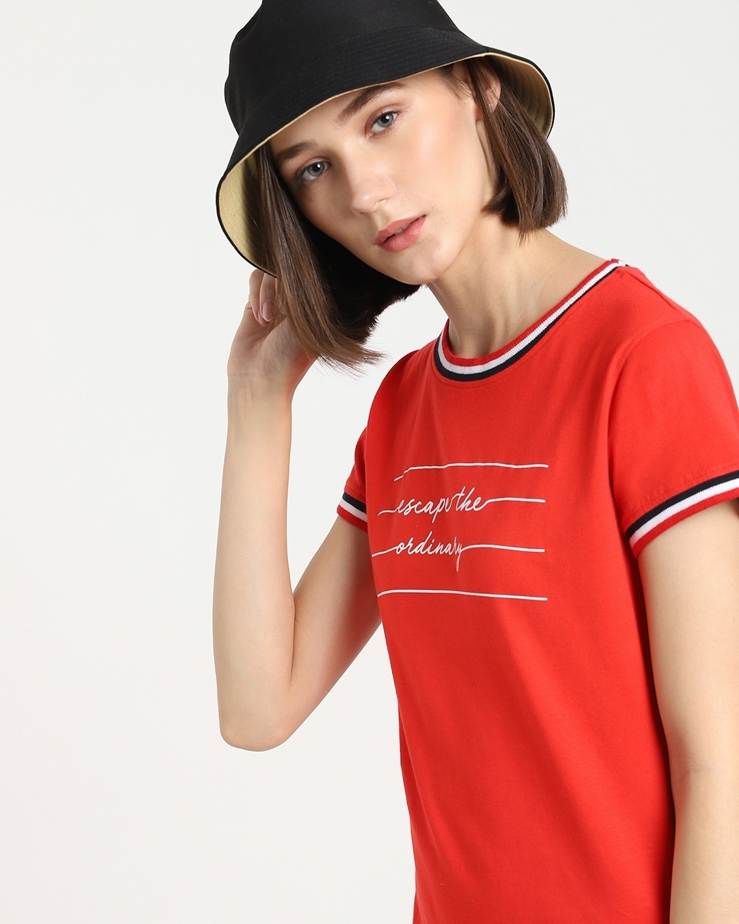 Shop Women's Red Not Ordinary Crewneck Typography Varsity Rib T-shirt-Front