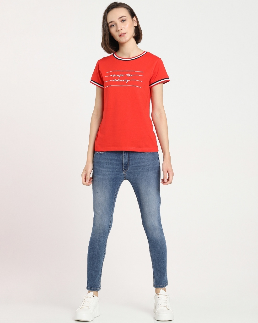 Shop Women's Red Not Ordinary Crewneck Typography Varsity Rib T-shirt-Full