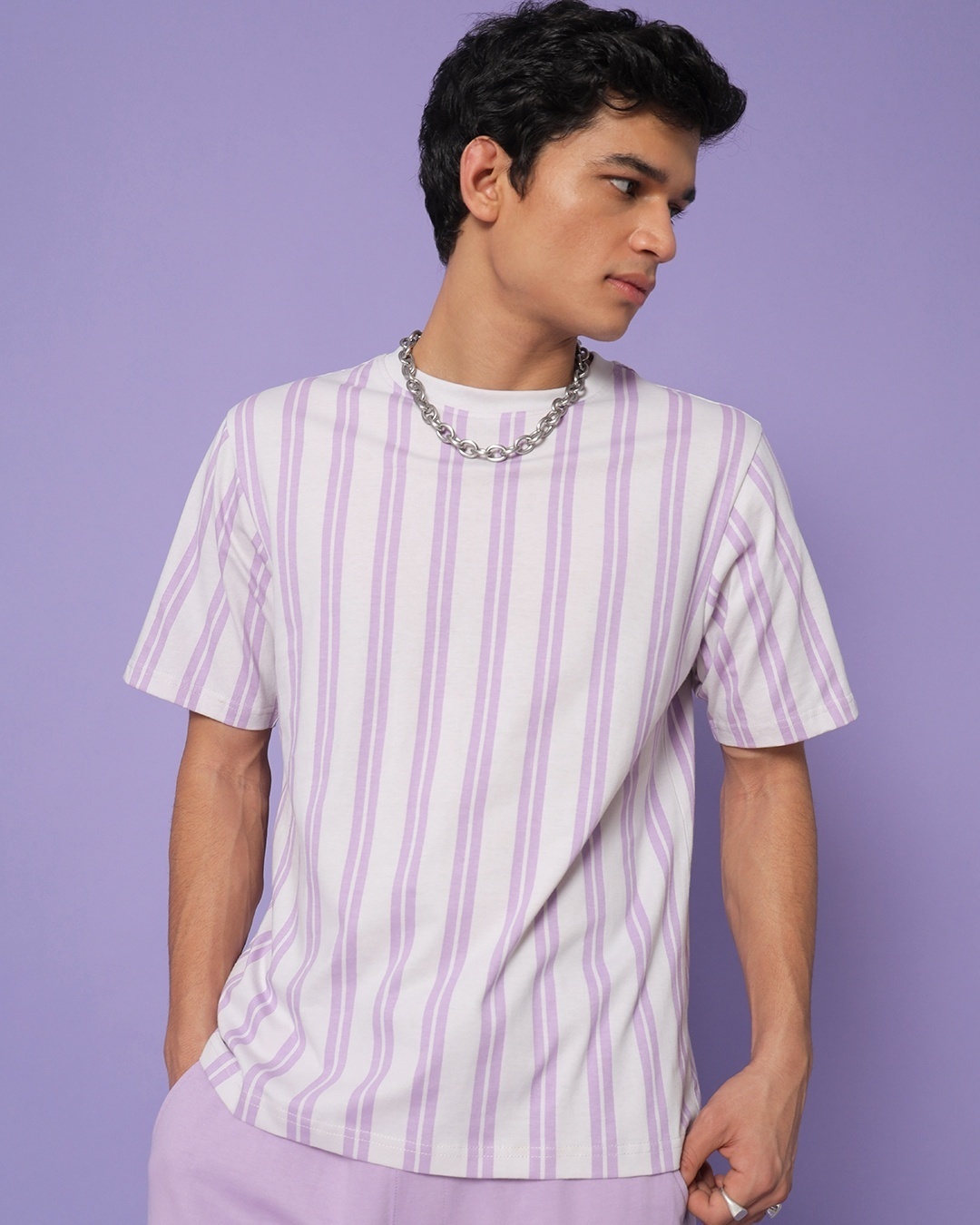 Shop Men's Purple & White Stripe Oversized T-shirt-Front