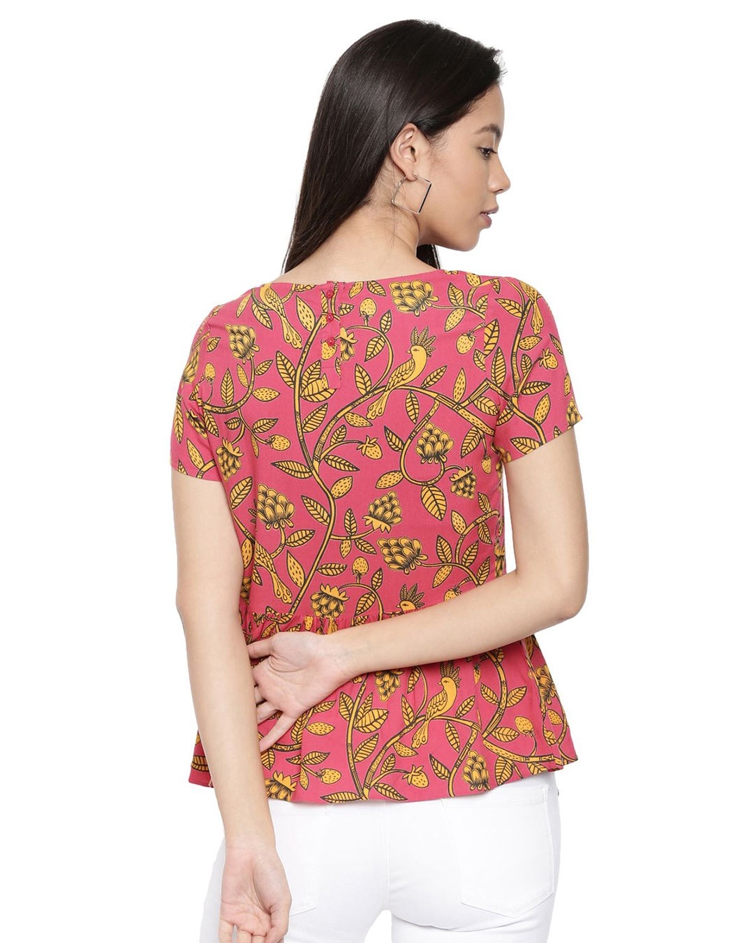 Shop Floral Print Coral Peplum Top for Women's-Full