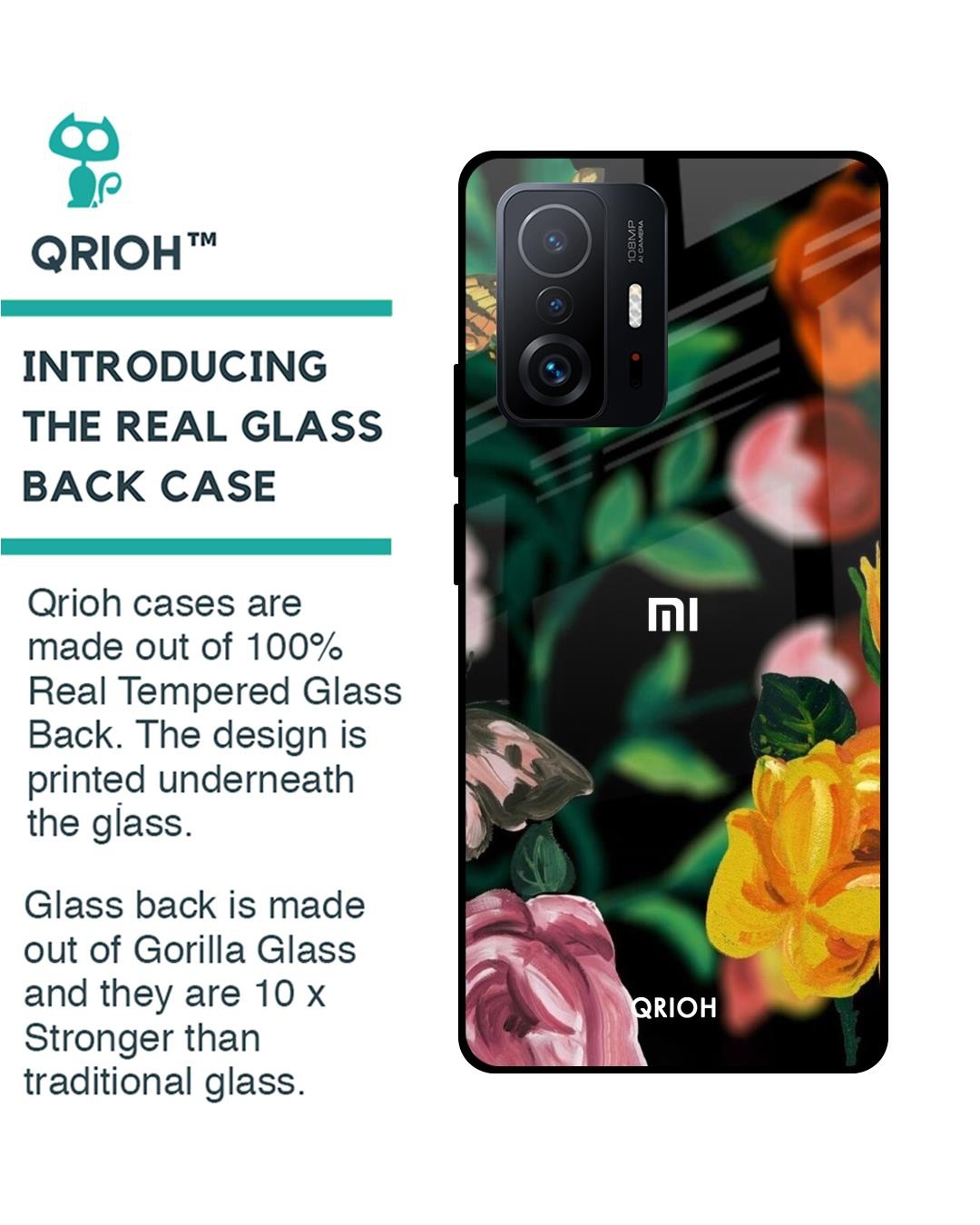 Shop Floral Printed Premium Glass Cover For Mi 11T Pro 5G (Impact Resistant, Matte Finish)-Back