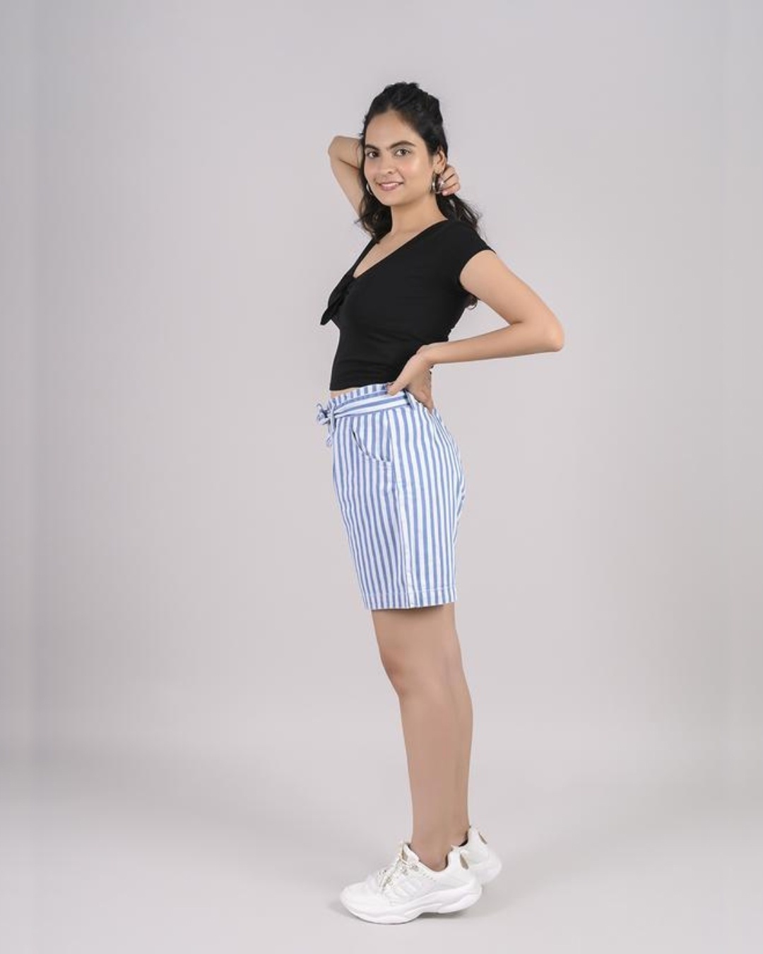 Shop Women Blue Striped Relaxed Fit Shorts-Full