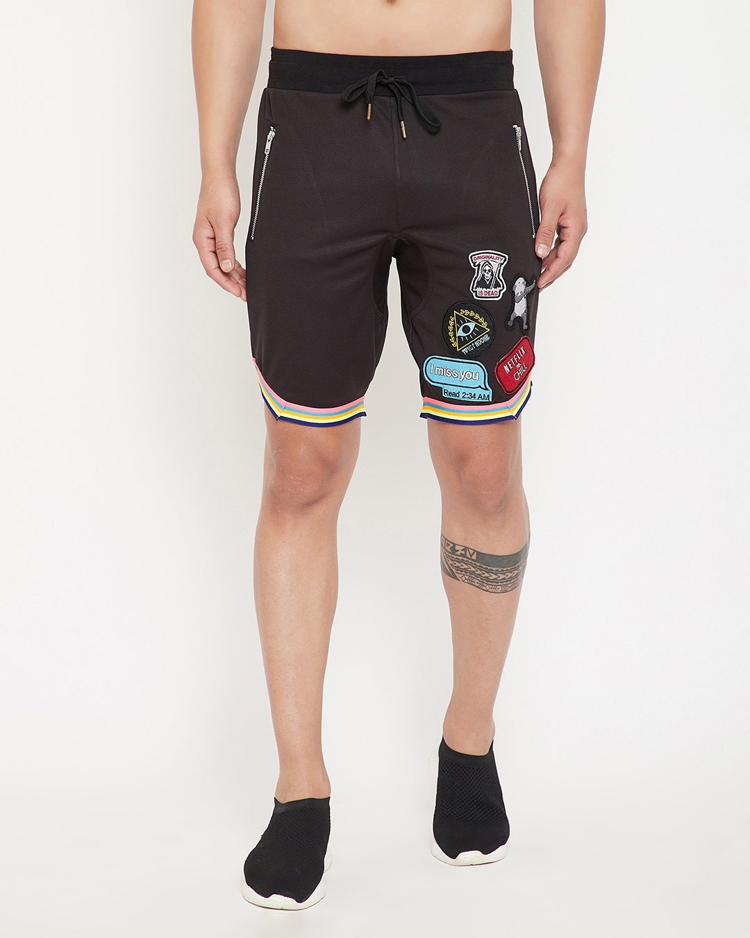 Shop Black Mesh Tattooed Rainbow Taped Shorts-Front