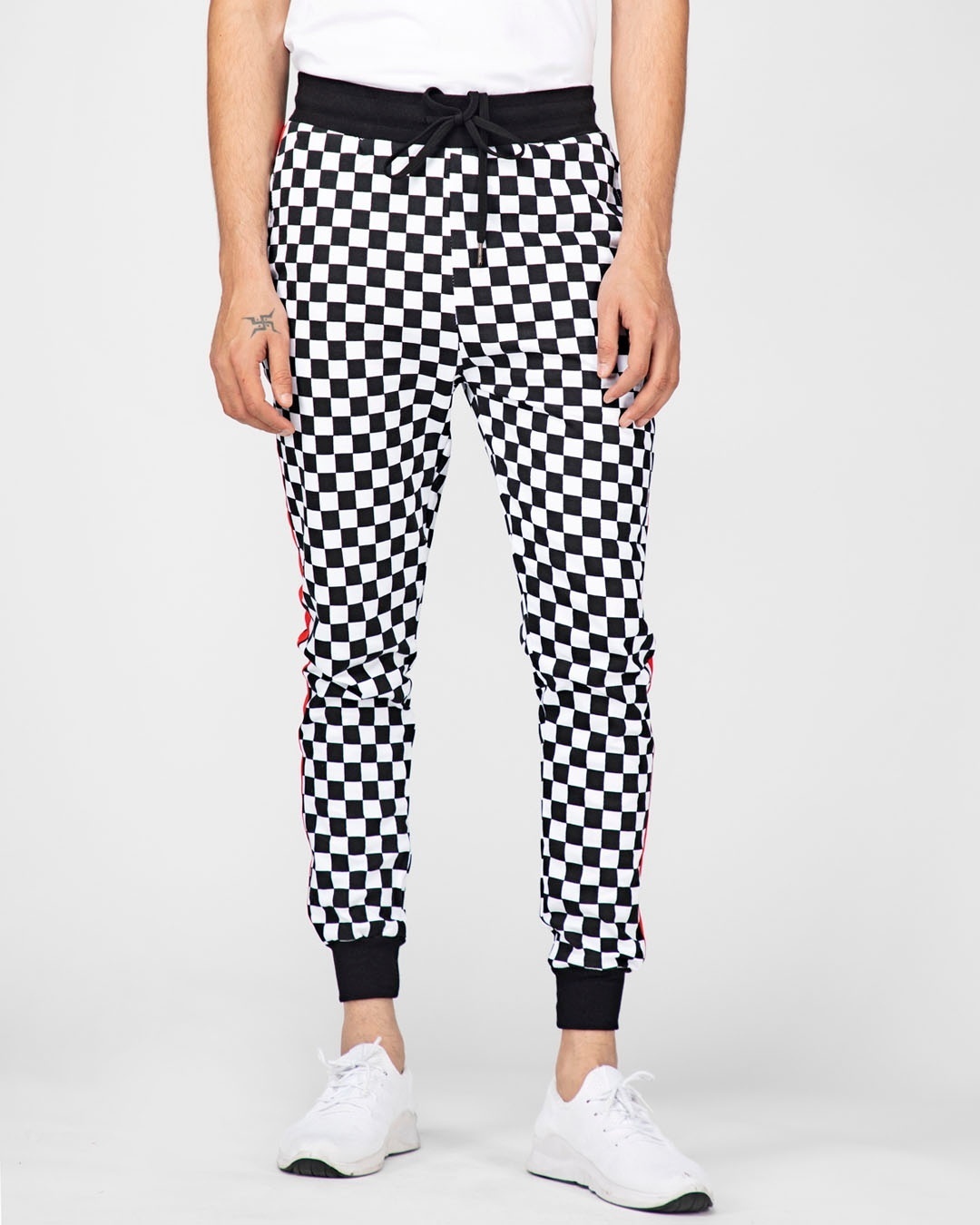 Shop Checkered Print Taped Joggers-Front