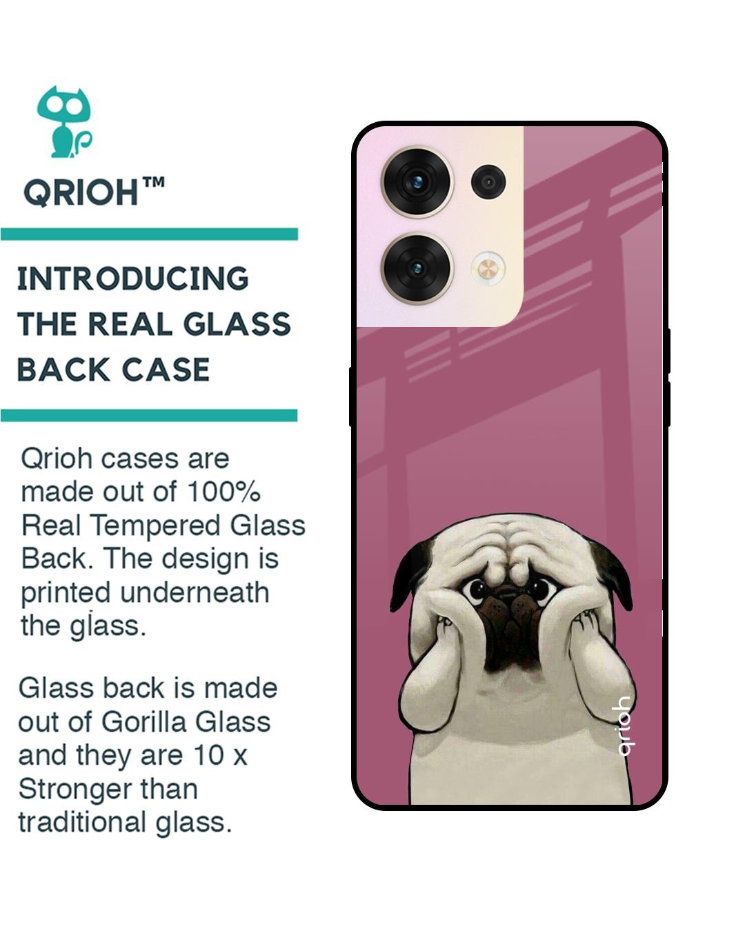 Shop Funny Pug Face Printed Premium Glass Cover for Oppo Reno8 5G (Shock Proof, Scratch Resistant)-Back