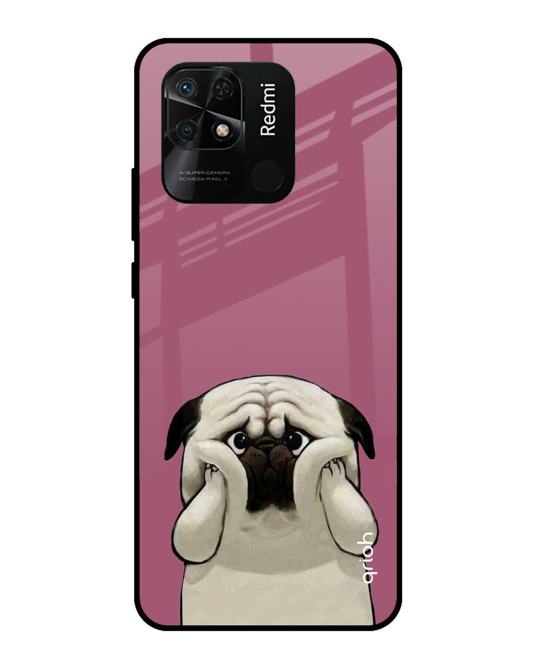 Shop Funny Pug Face Printed Premium Glass Cover For Redmi 10 (Impact Resistant, Matte Finish)-Front