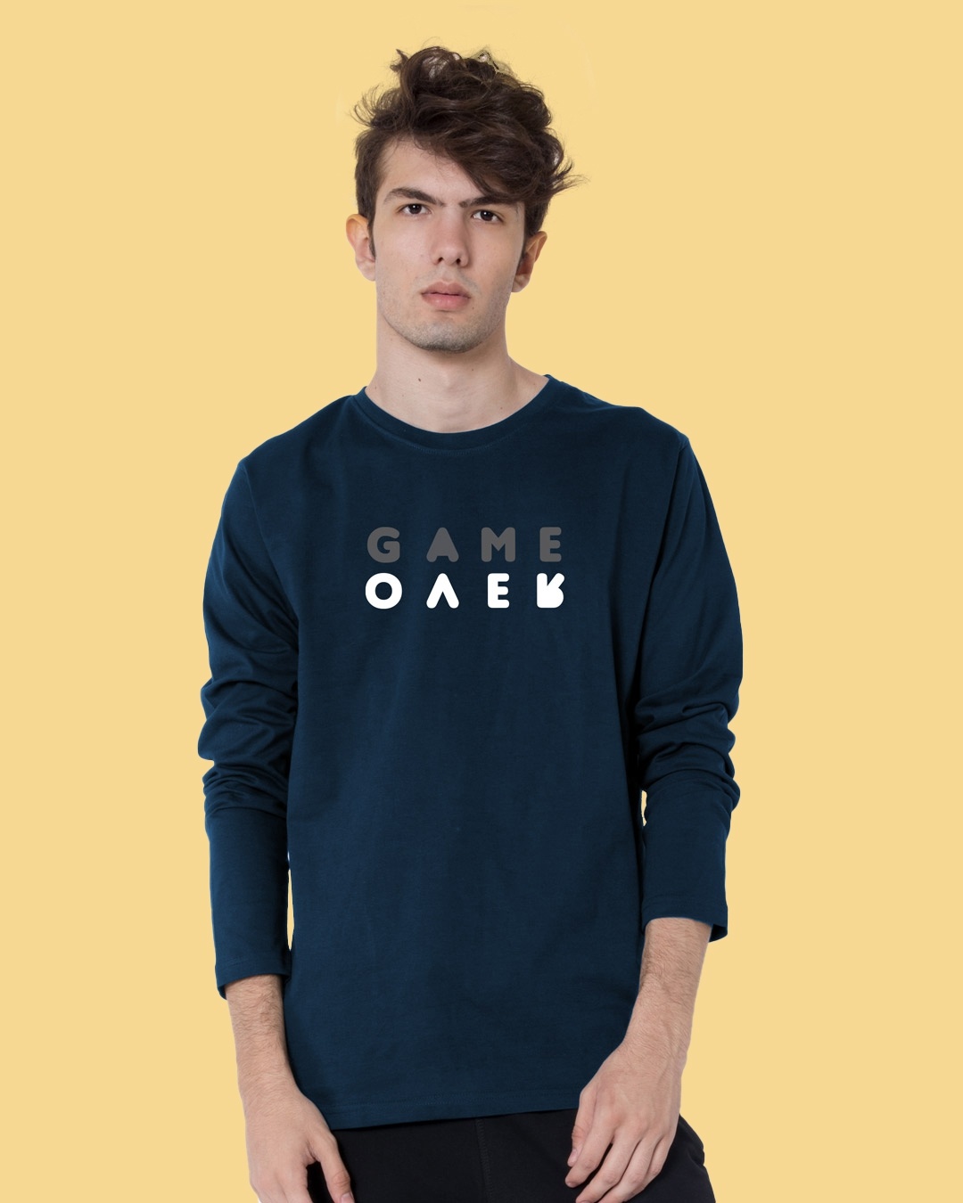 Shop Game Over Minimal Full Sleeve T-Shirt Navy Blue-Front