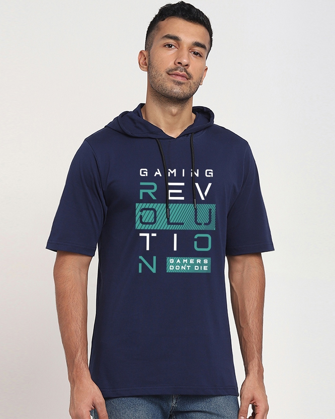 Shop Men's Blue Gamer Revolution Typography Hoodie T-shirt-Front