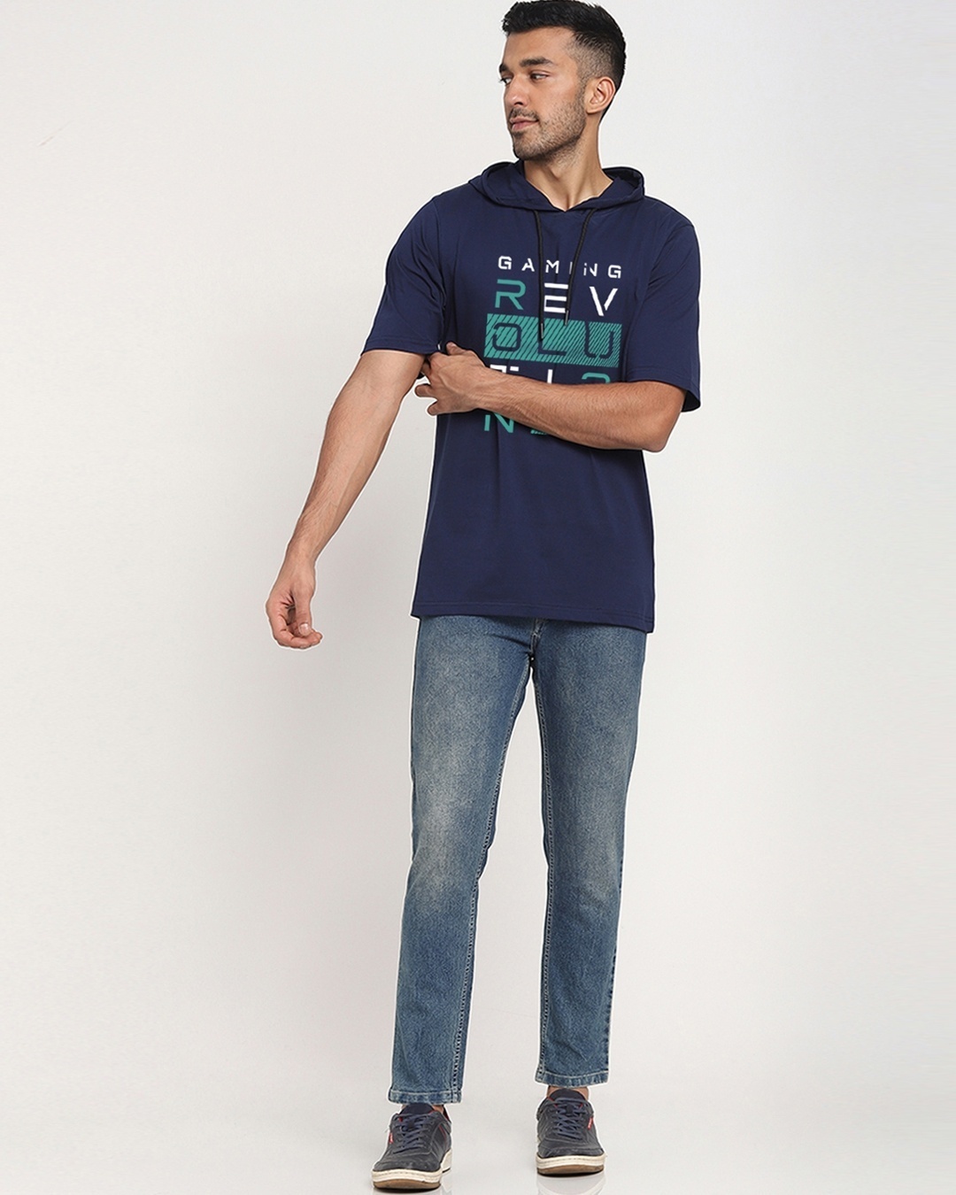 Shop Men's Blue Gamer Revolution Typography Hoodie T-shirt-Design