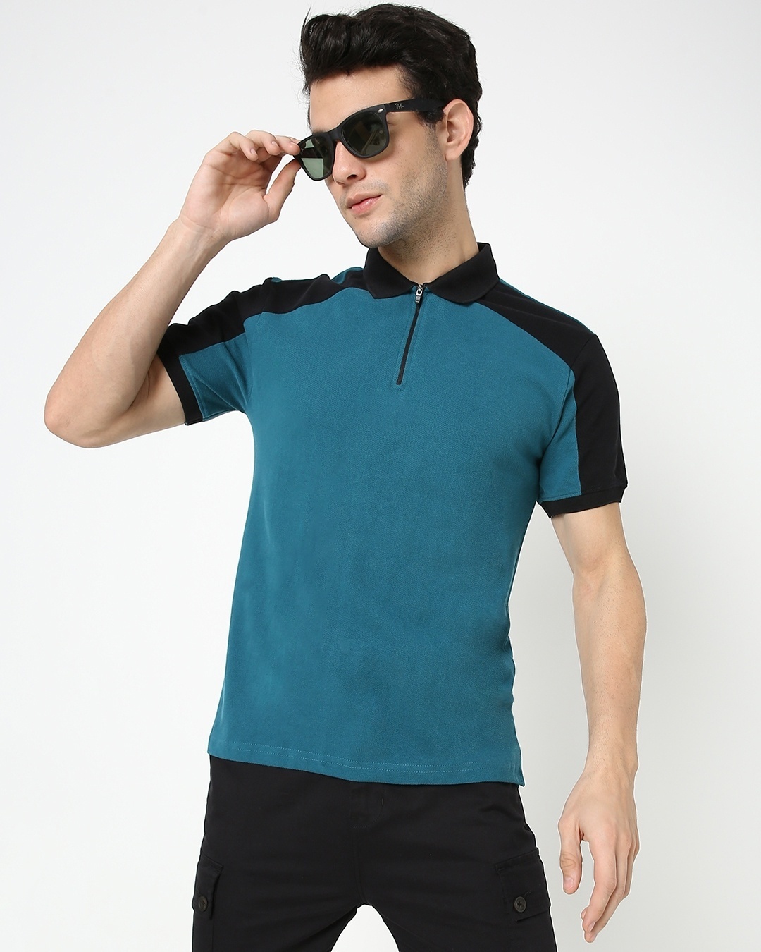 Shop Green Color Block Polo T-Shirt-Front