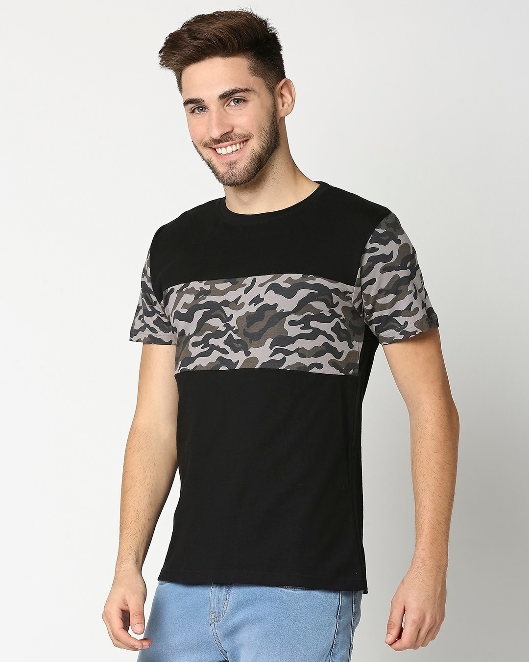 Shop Grey Camo Sleeve Color Block Camo T-Shirt-Design